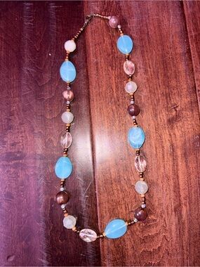 Boho Vintage Beaded Necklace - Turquoise Blue & Amber Glass - Brass Lobster Clas